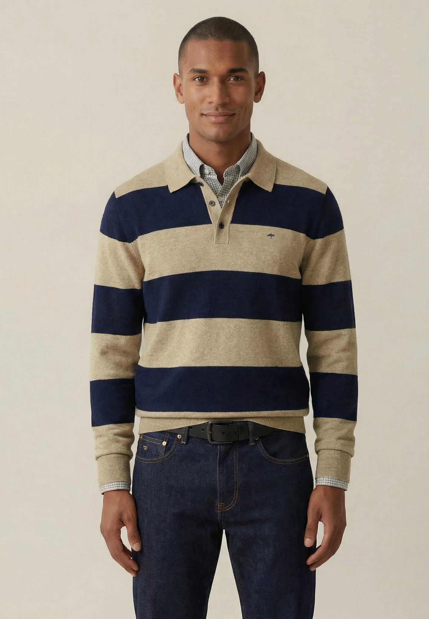 Langarm-Strick-Poloshirt aus Baumwoll-Leinen-Mix mit Blockstreifen - Image 6