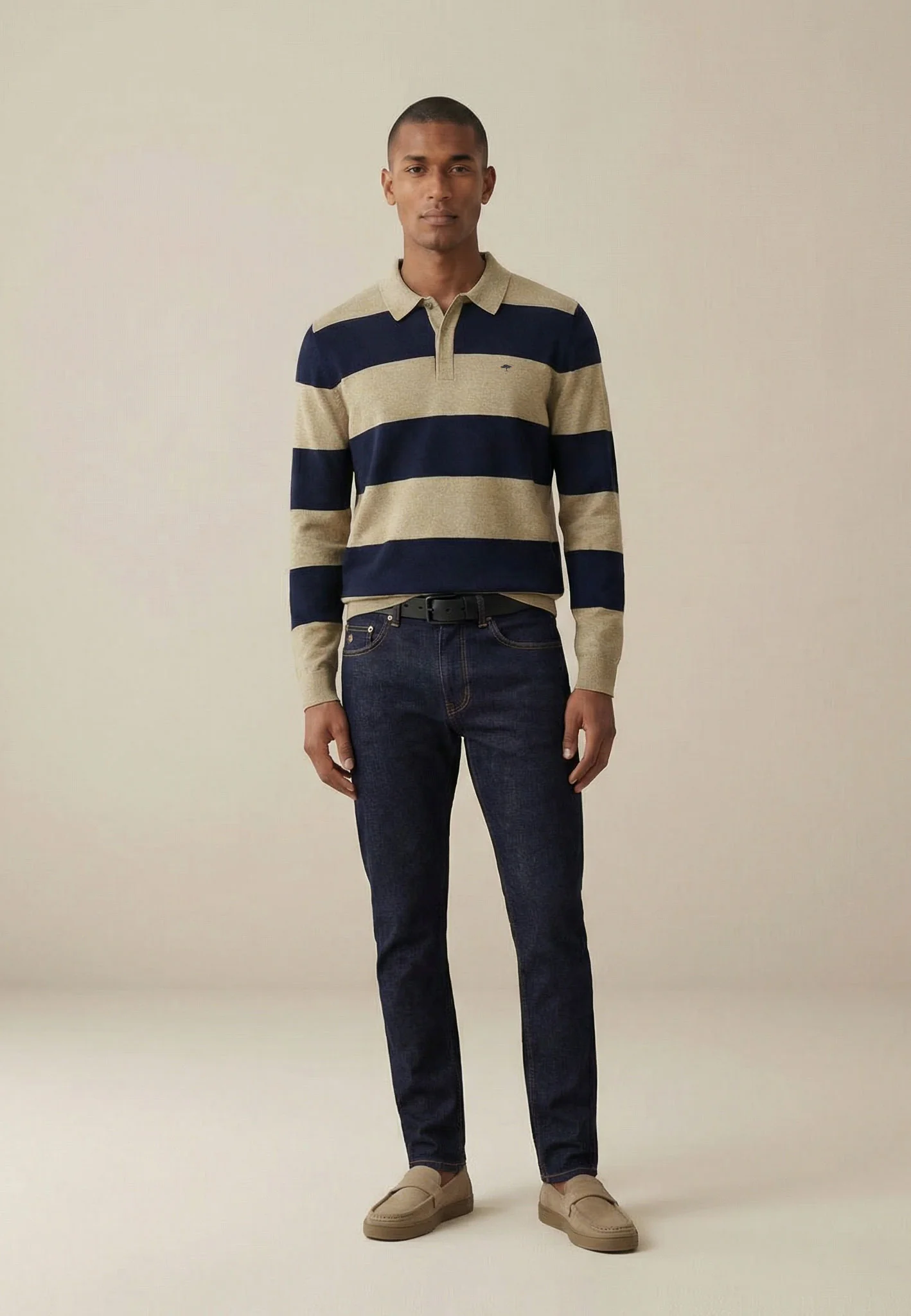 Langarm-Strick-Poloshirt aus Baumwoll-Leinen-Mix mit Blockstreifen - Image 7